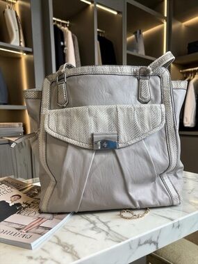 Vera Wang Light Taupe Leather Tote with Textured Trim and Silver Hardware